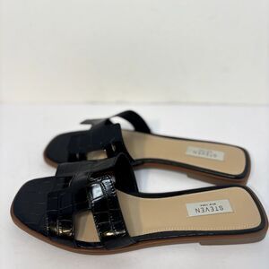 Steven New York Hanna Flat Slide Sandals Black Croc Embossed H-Strap Womens